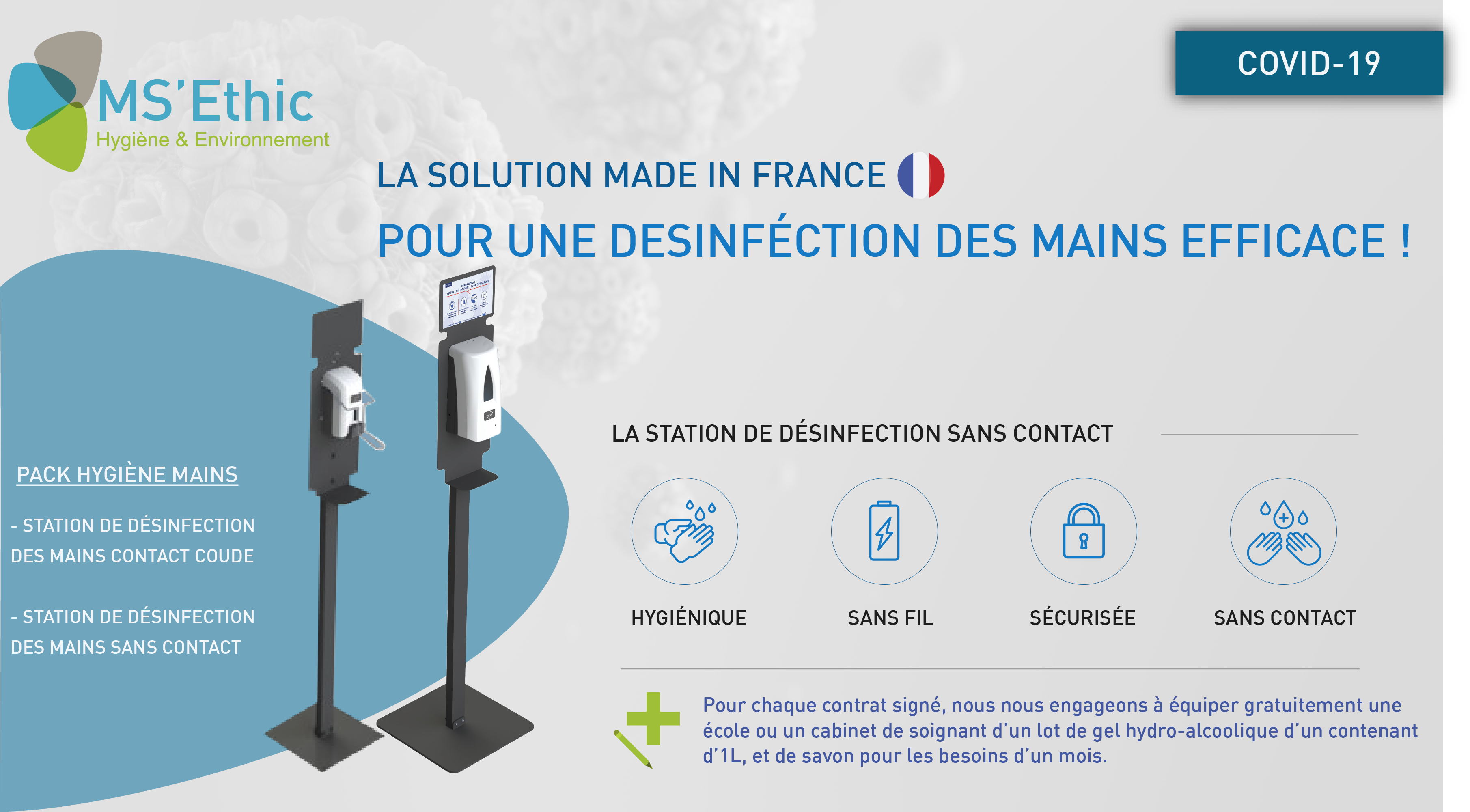 Pack Hygiène Mains : Stations mobiles, sans contact ou contact sécurisé (coude)